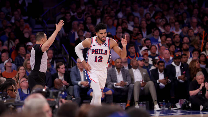 Apr 30, 2024; New York, New York, USA; Philadelphia 76ers forward Tobias Harris (12) celebrates his three point shot against the New York Knicks during the third quarter of game 5 of the first round of the 2024 NBA playoffs at Madison Square Garden. Mandatory Credit: Brad Penner-USA TODAY Sports