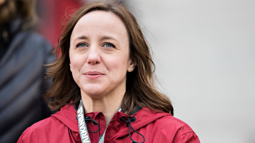 Former University of Arkansas Deputy Athletic Director Julie Cromer watches for the sidelines during a game at Donald Reynolds Razorback Stadium against Mississippi State in 2019. 