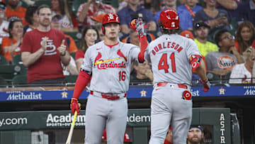 Jun 3, 2024; Houston, Texas, USA; St. Louis Cardinals right fielder Alec Burleson (41) celebrates with second baseman Nolan Gorman (16) after hitting a home run during the first inning against the Houston Astros at Minute Maid Park. Mandatory Credit: Troy Taormina-Imagn Images