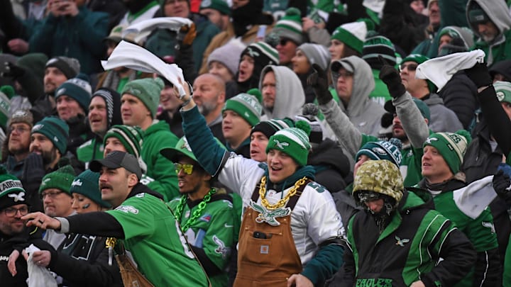 Jan 19, 2025; Philadelphia, Pennsylvania, USA; Philadelphia Eagles fans against the Los Angeles Rams in a 2025 NFC divisional round game at Lincoln Financial Field. 