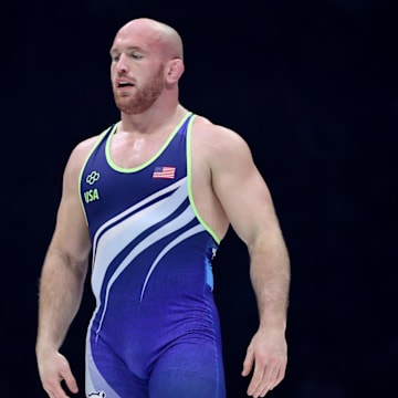 Kyle Snyder walks onto the mat for the 97 KG freestyle final at the 2024 U.S. Olympic Wrestling Trials in State College. 