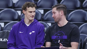 Nov 30, 2025; Salt Lake City, Utah, USA; Utah Jazz forward Lauri Markkanen. left, prepares for the game against the Houston Rockets with assistant coach Sean Sheldon, right,  at Delta Center. Mandatory Credit: Rob Gray-Imagn Images