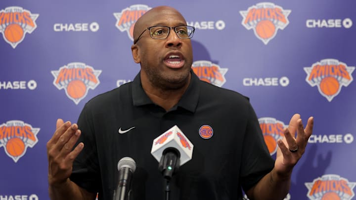 Sep 23, 2025; New York, NY, USA; New York Knicks head coach Mike Brown speaks to the media during a media day press conference at the Madison Square Garden training center. Mandatory Credit: Brad Penner-Imagn Images
