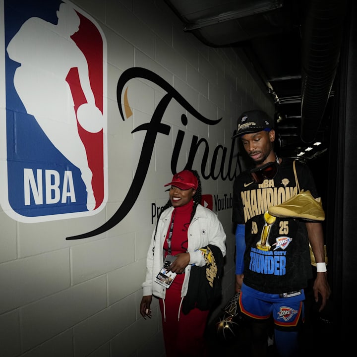 Oklahoma City Thunder guard Shai Gilgeous-Alexander after winning Game 7 of the 2025 NBA Finals against the Indiana Pacers.