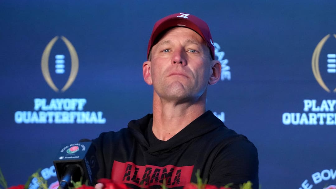 Jan 1, 2026; Pasadena, CA, USA; Alabama Crimson Tide head coach Kalen DeBoer speaks in a press conference after the 2026 Rose Bowl and quarterfinal game of the College Football Playoff at Rose Bowl Stadium. Mandatory Credit: Kirby Lee-Imagn Images