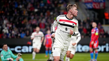 Rasmus Hojlund celebrates after scoring against Viktoria Plzen