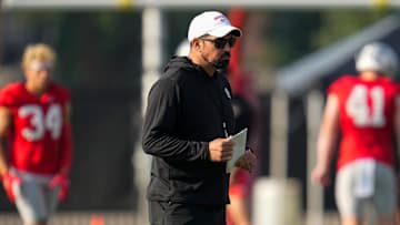 Ohio State Buckeyes head coach Ryan Day leads football training camp at the Woody Hayes Athletic Center on Aug. 1, 2025.