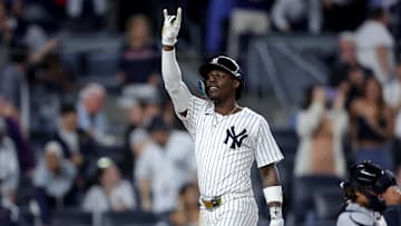 Jun 3, 2025; Bronx, New York, USA; New York Yankees third baseman Jazz Chisholm Jr. (13) reacts after hitting a solo home run against the Cleveland Guardians during the seventh inning at Yankee Stadium. Mandatory Credit: Brad Penner-Imagn Images