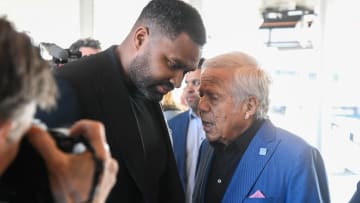 Jan 17, 2024; Foxborough, MA, USA; New England Patriots owner Robert Kraft (R) speaks to head coach Jerod Mayo at a press conference at Gillette Stadium. Mandatory Credit: Eric Canha-USA TODAY Sports