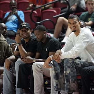 Jul 10, 2025; Las Vegas, NV, USA; San Antonio Spurs player Victor Wembanyama sits courtside during the Spurs and Philadelphia 76ers game at Thomas & Mack Center. Mandatory Credit: Candice Ward-Imagn Images