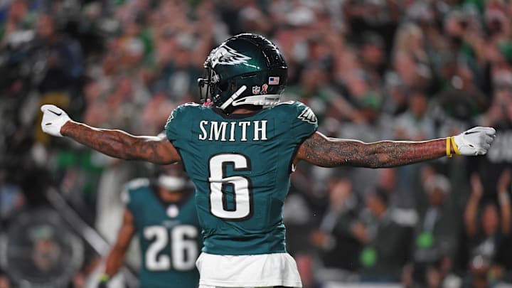 Sep 16, 2024; Philadelphia, Pennsylvania, USA; Philadelphia Eagles wide receiver DeVonta Smith (6) celebrates his touchdown catch during the second quarter against the Atlanta Falcons at Lincoln Financial Field. Mandatory Credit: Eric Hartline-Imagn Images