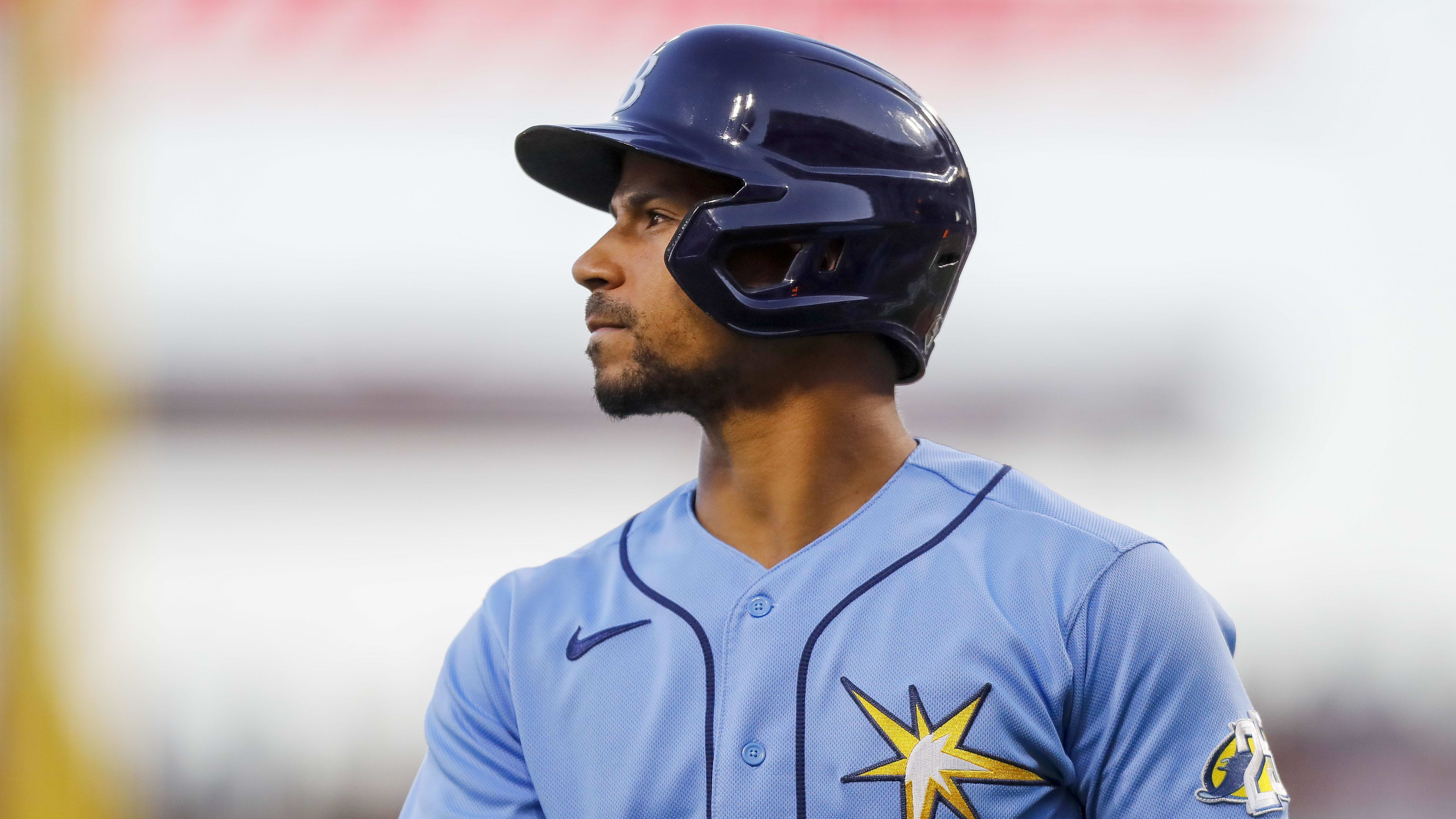 Apr 18, 2023; Cincinnati, Ohio, USA; Tampa Bay Rays catcher Francisco Mejia (21) walks off the field.