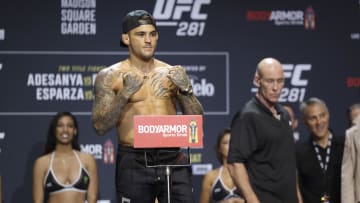 Nov 11, 2022; New York, NY, USA; Dustin Poirier gestures during weigh-ins for UFC 281. Mandatory