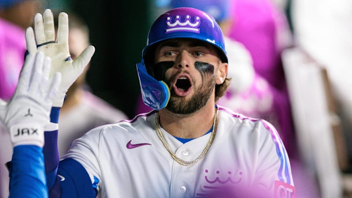 Apr 10, 2026; Kansas City, Missouri, USA; Kansas City Royals catcher Carter Jensen (22) celebrates in the dugout after a home run during the seventh inning against the Chicago White Sox at Kauffman Stadium. Mandatory Credit: William Purnell-Imagn Images