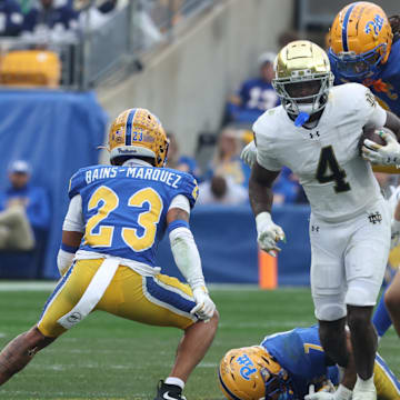 Nov 15, 2025; Pittsburgh, Pennsylvania, USA;  Notre Dame Fighting Irish running back Jeremiyah Love (4) runs the ball against the Pittsburgh Panthers during the fourth quarter at Acrisure Stadium. Mandatory Credit: Charles LeClaire-Imagn Images