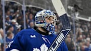 Apr 22, 2025; Toronto, Ontario, CAN;  Toronto Maple Leafs goalie Anthony Stolarz (41) skates during a time out against the Ottawa Senators in the second period in game two of the first round of the 2025 Stanley Cup Playoffs at Scotiabank Arena. Mandatory Credit: Dan Hamilton-Imagn Images