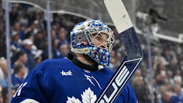 Apr 22, 2025; Toronto, Ontario, CAN;  Toronto Maple Leafs goalie Anthony Stolarz (41) skates during a time out against the Ottawa Senators in the second period in game two of the first round of the 2025 Stanley Cup Playoffs at Scotiabank Arena. Mandatory Credit: Dan Hamilton-Imagn Images