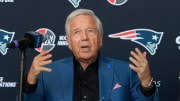 Jan 17, 2024; Foxborough, MA, USA; New England Patriots owner Robert Kraft addresses media on the hiring of new head coach Jerod Mayo (not pictured) at a press conference at Gillette Stadium. Mandatory Credit: Eric Canha-USA TODAY Sports