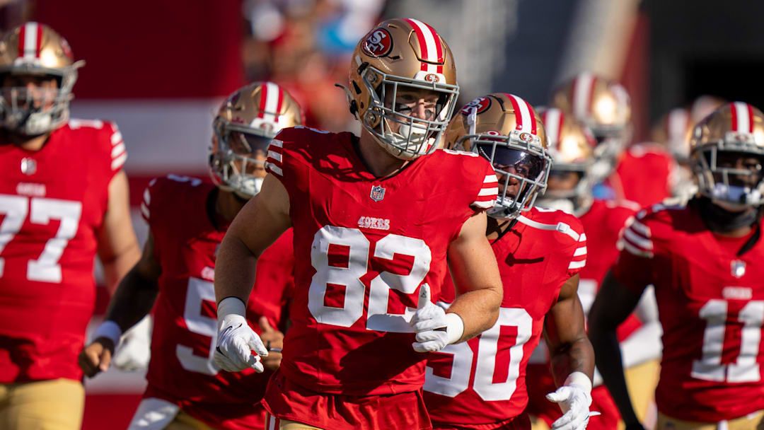 August 19, 2023; Santa Clara, California, USA; San Francisco 49ers tight end Ross Dwelley (82) before the game against the Denver Broncos at Levi's Stadium.