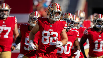August 19, 2023; Santa Clara, California, USA; San Francisco 49ers tight end Ross Dwelley (82) before the game against the Denver Broncos at Levi's Stadium.