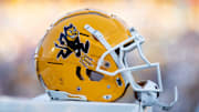 Nov 23, 2024; Tempe, Arizona, USA; Detailed view of an Arizona State Sun Devils helmet at Mountain America Stadium. Mandatory Credit: Mark J. Rebilas-Imagn Images