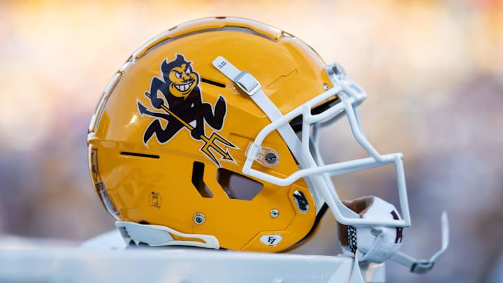 Nov 23, 2024; Tempe, Arizona, USA; Detailed view of an Arizona State Sun Devils helmet at Mountain America Stadium. Mandatory Credit: Mark J. Rebilas-Imagn Images