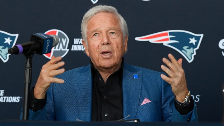 Jan 17, 2024; Foxborough, MA, USA; New England Patriots owner Robert Kraft addresses media on the hiring of new head coach Jerod Mayo (not pictured) at a press conference at Gillette Stadium. Mandatory Credit: Eric Canha-USA TODAY Sports