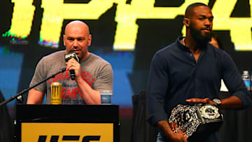 UFC president Dana White (left) and fighter Jon Jones during a press conference prior to weigh-ins for UFC 196 at MGM Grand Garden Arena. 