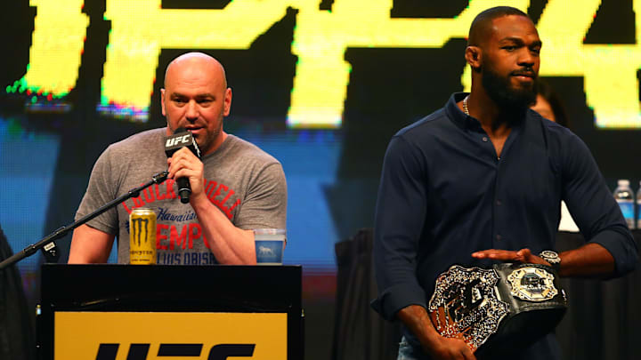 UFC president Dana White (left) and fighter Jon Jones during a press conference prior to weigh-ins for UFC 196 at MGM Grand Garden Arena. 