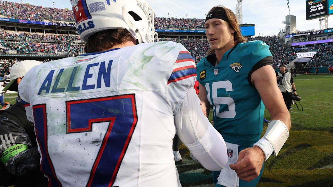 Jan 11, 2026; Jacksonville, FL, USA; Buffalo Bills quarterback Josh Allen (17) and Jacksonville Jaguars quarterback Trevor Lawrence (16) after an AFC Wild Card Round game at EverBank Stadium. Mandatory Credit: Nathan Ray Seebeck-Imagn Images