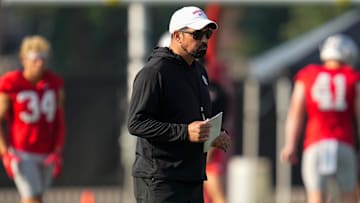 Ohio State Buckeyes head coach Ryan Day leads football training camp at the Woody Hayes Athletic Center on Aug. 1, 2025.