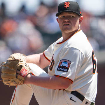 Aug 13, 2023; San Francisco, California, USA; San Francisco Giants starting pitcher Alex Cobb (38) pitches during the first inning against the Texas Rangers at Oracle Park. Mandatory Credit: Stan Szeto-USA TODAY Sports