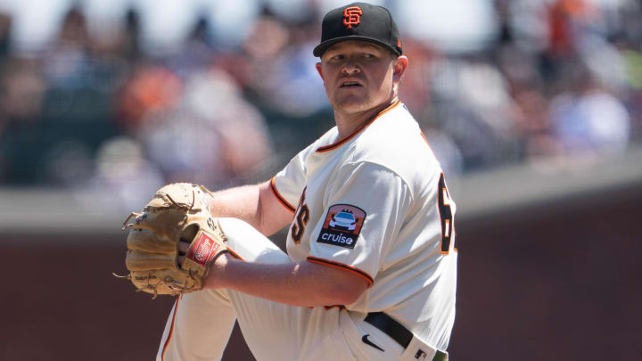 Aug 13, 2023; San Francisco, California, USA; San Francisco Giants starting pitcher Alex Cobb (38) pitches during the first inning against the Texas Rangers at Oracle Park. Mandatory Credit: Stan Szeto-USA TODAY Sports