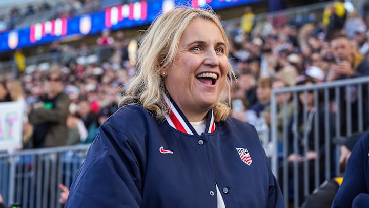 Oct 26, 2025; East Hartford, Connecticut, USA;  United States head coach Emma Hayes on the sideline before the game against Portugal at Pratt & Whitney Stadium at Rentschler Field.