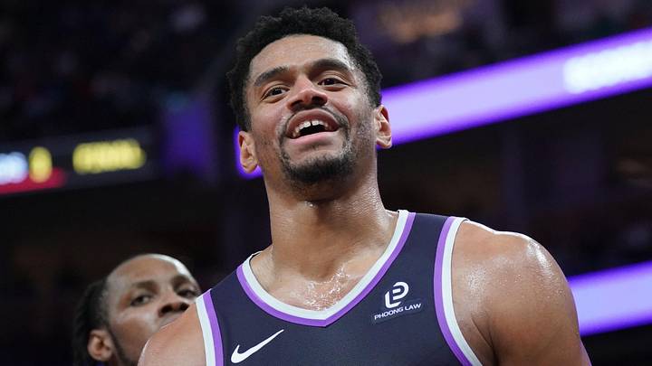 Apr 7, 2026; San Francisco, California, USA;  Sacramento Kings center Dylan Cardwell (32) smiles after getting called for a foul against the Golden State Warriors in the fourth quarter at Chase Center. Mandatory Credit: David Gonzales-Imagn Images