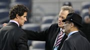 Oct 13, 2012; Bronx, NY, USA; MLB vice president of baseball operations Joe Torre (right) talks with New York Yankees former player Paul O'Neill (left) and broadcaster Michael Kay before game one of the 2012 ALCS against the Detroit Tigers at Yankee Stadium.  Mandatory Credit: Brad Penner-Imagn Images