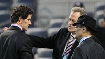Oct 13, 2012; Bronx, NY, USA; MLB vice president of baseball operations Joe Torre (right) talks with New York Yankees former player Paul O'Neill (left) and broadcaster Michael Kay before game one of the 2012 ALCS against the Detroit Tigers at Yankee Stadium.  Mandatory Credit: Brad Penner-Imagn Images