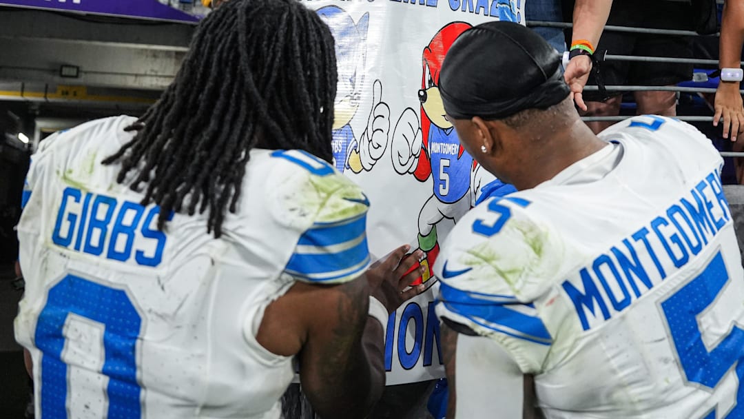 Detroit Lions running back Jahmyr Gibbs (0) and running back David Montgomery (5).