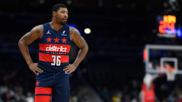 Mar 24, 2025; Washington, District of Columbia, USA; Washington Wizards guard Marcus Smart (36) looks on during the second quarter against the Toronto Raptors at Capital One Arena. Mandatory Credit: Reggie Hildred-Imagn Images