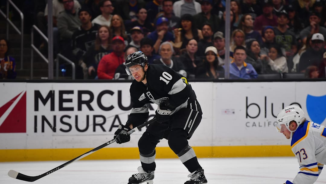 Mar 21, 2026; Los Angeles, California, USA; Los Angeles Kings left wing Artemi Panarin (10) moves in for a shot ahead of Buffalo Sabres defenseman Zach Metsa (73) during the second period at Crypto.com Arena. Mandatory Credit: Gary A. Vasquez-Imagn Images