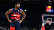 Mar 24, 2025; Washington, District of Columbia, USA; Washington Wizards guard Marcus Smart (36) looks on during the second quarter against the Toronto Raptors at Capital One Arena. Mandatory Credit: Reggie Hildred-Imagn Images