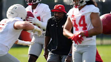 Ohio State Buckeyes defensive line coach Larry Johnson leads a drill during football training camp at the Woody Hayes Athletic Center on Aug. 1, 2025.