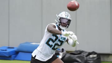 Carolina Panthers safety Jammie Robinson (22) makes a catch during OTAs.