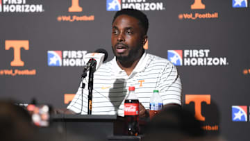 Tennessee defensive coordinator Tim Banks speaks at a press conference during Tennessee Football Media Day, Tuesday, Aug. 1, 2023.