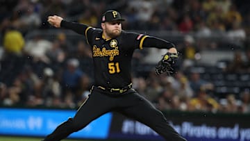 Jul 26, 2025; Pittsburgh, Pennsylvania, USA;  Pittsburgh Pirates relief pitcher David Bednar (51) pitches against the Arizona Diamondbacks during the ninth inning at PNC Park. Mandatory Credit: Charles LeClaire-Imagn Images