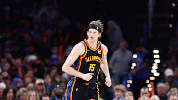 Jan 19, 2025; Oklahoma City, Oklahoma, USA; Oklahoma City Thunder center Branden Carlson (15) runs down the court against the Brooklyn Nets during the second half at Paycom Center. Mandatory Credit: Alonzo Adams-Imagn Images