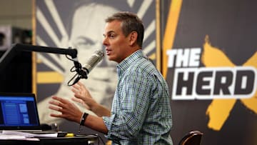 Feb 1, 2016; San Francisco, CA, USA; Radio personality Colin Cowherd broadcasts on radio row at the Moscone Center in advance of Super Bowl 50 between the Carolina Panthers and the Denver Broncos. 