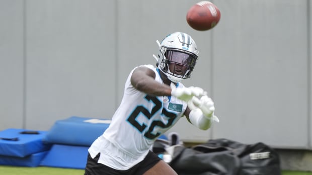 Carolina Panthers safety Jammie Robinson (22) makes a catch during OTAs. Credit: Jim Dedmon-USA TODAY Sports