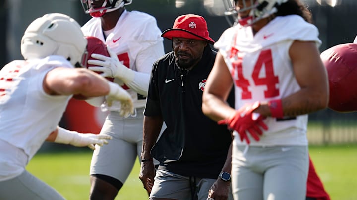 Ohio State Buckeyes defensive line coach Larry Johnson leads a drill during football training camp at the Woody Hayes Athletic Center on Aug. 1, 2025.