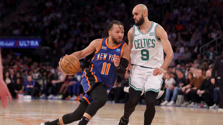 Feb 24, 2024; New York, New York, USA; New York Knicks guard Jalen Brunson (11) drives to the basket against Boston Celtics guard Derrick White (9) during the third quarter at Madison Square Garden. Mandatory Credit: Brad Penner-USA TODAY Sports